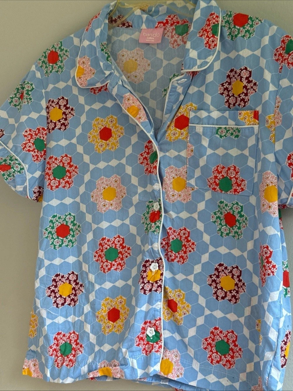 ban.do Honeycomb Patchwork Printed Cotton Button Down Shirt Retro Floral Blue Si